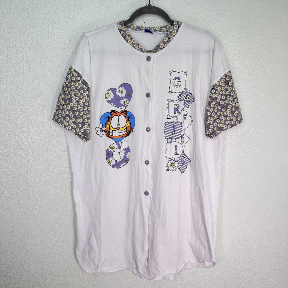 Vintage Garfield Sleep Shirt Womens One Size Daisy Floral 90s Pajamas Flirts Vtg